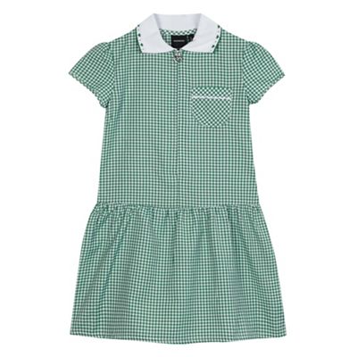 Girls' green gingham print ribbed collar pocket dress